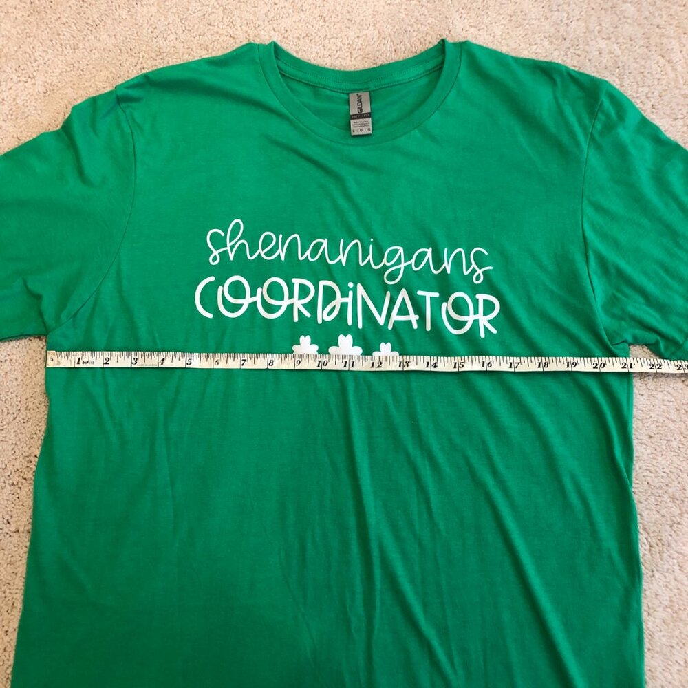 Gildan Soft Green Graphic Irish "Shenanigans Coordinator" T-Shirt Workout Top - Picture 5 of 8